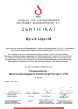 Zertifikat über Zusatzqualifikation zur Diätassistentin für Gastroenterologische Ernährungstherapie / VDD